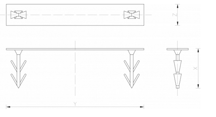 Disegno tecnico quotato della clip: vista dall'alto, vista frontale e vista laterale con quote lunghezza (Y), larghezza e altezza (X, Z)