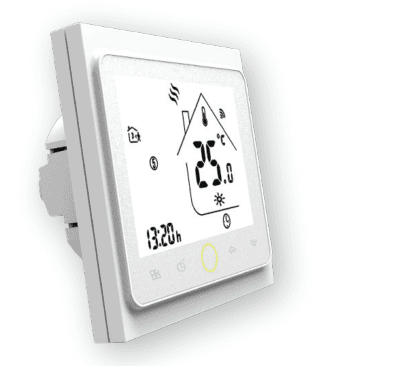 Termostato touchscreen con HC Wi-Fi da incasso, cornice bianca e display che mostra temperatura 25.0 gradi e ora 13:20