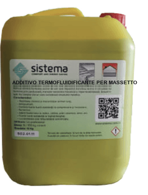 Tanica dell'additivo termofluidificante per massetto Sistema, liquido di colore marrone-cioccolato in confezione da 5 kg / 10 kg