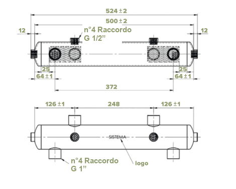 Disegno tecnico quotato della bottiglia di equalizzazione: vista frontale e laterale con dimensioni in mm e raccordi G 1/2" e G 1"