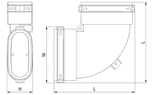 Disegno tecnico quotato del gomito orizzontale con viste frontale e laterale e quote H, W e L