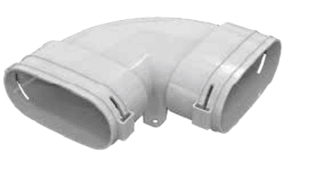 Render del gomito orizzontale 117x52 per condotto ovale, in polipropilene bianco con giunti a incastro