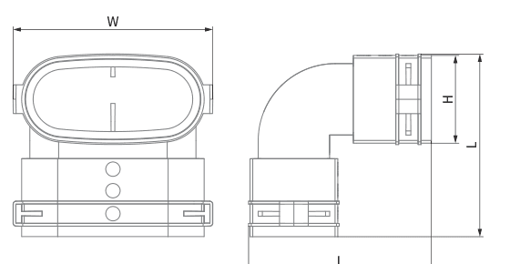 Schema tecnico quotato del gomito verticale con viste frontale e laterale e quote W, H, L