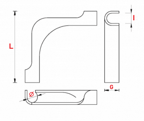 Disegno quotato della curva guida con vista frontale, laterale e sezione e quote L (lunghezza), I (altezza), G (larghezza) e diametro