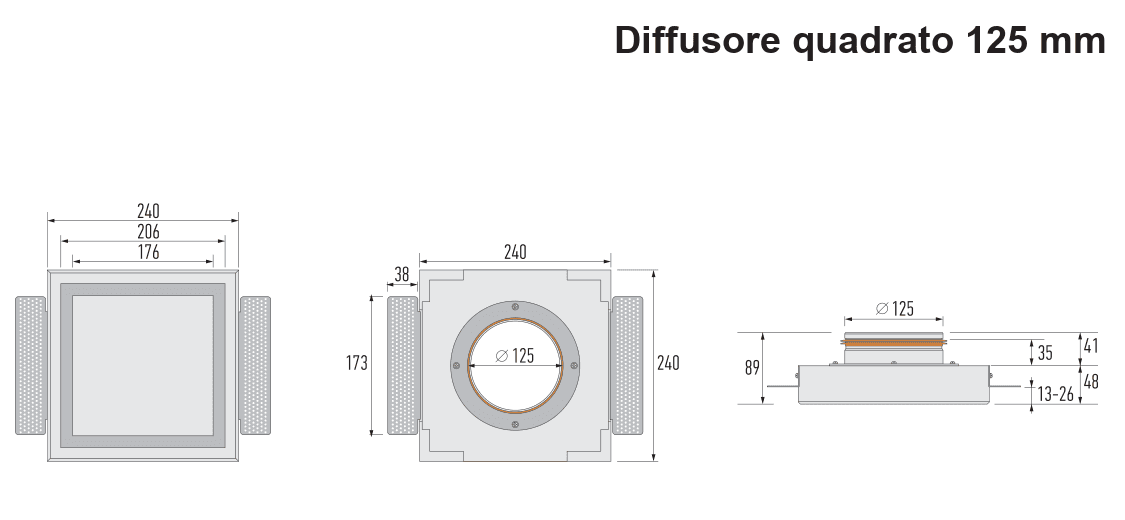 Disegni quotati del diffusore quadrato 125 mm: viste frontale, posteriore e in sezione con dimensioni in mm