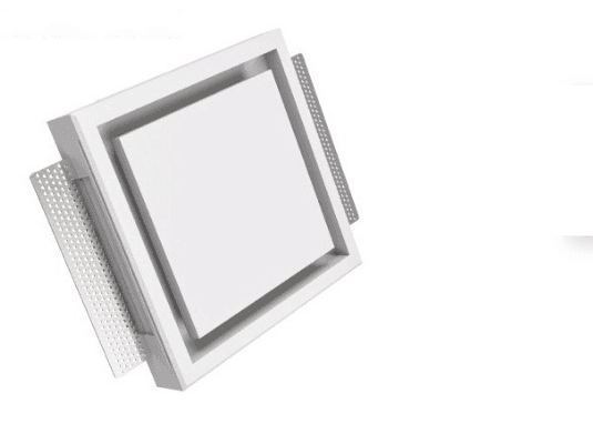Render del diffusore di ventilazione quadrato da 125 mm in gesso, con telaio e alette laterali di fissaggio