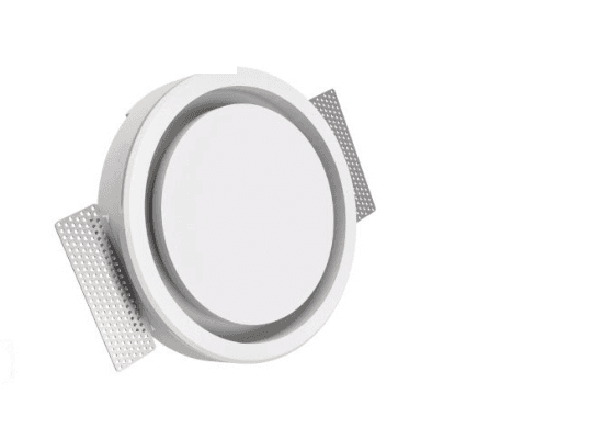 Diffusore di ventilazione rotondo in cartongesso Sistema Italia, vista tridimensionale con supporti a rete perimetrali
