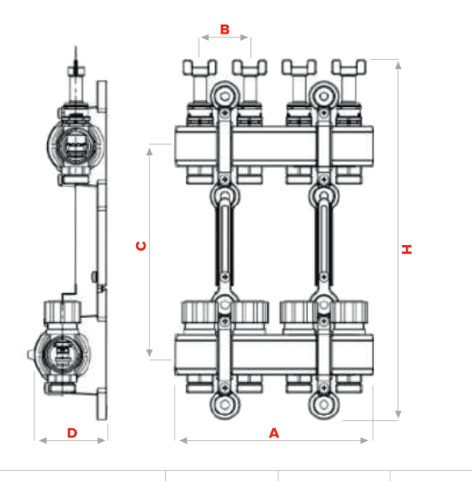 Disegno tecnico quotato del collettore metallico, viste frontale e laterale, con quote A, B, C, D e H