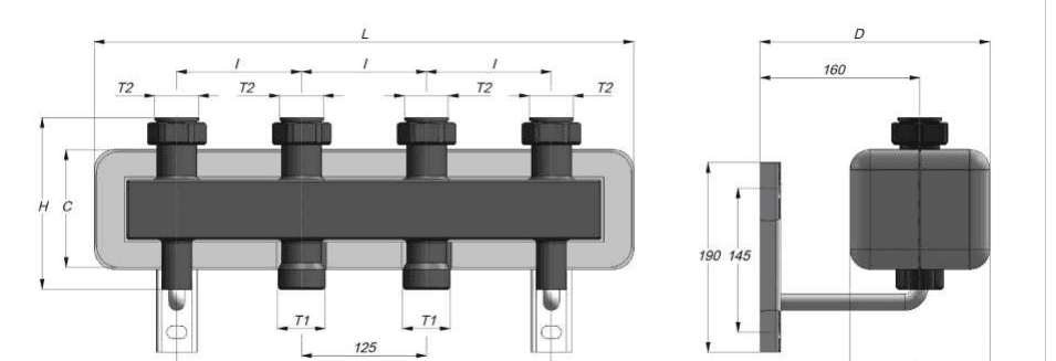 Disegno tecnico quotato del distributore: vista frontale e vista laterale con quote L, H, C, I, D, T1, T2