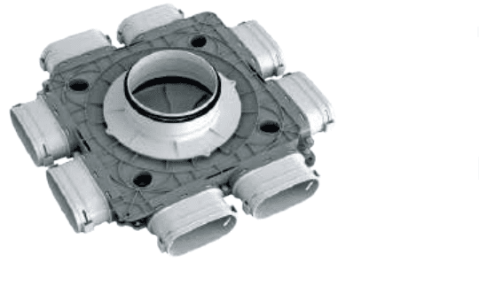 Collettore per condotti ovali DN160 e DN200 con attacchi ovali 117x52 mm e connessione centrale circolare