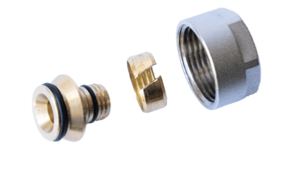 Raccordo Eurocon PEX/PEX-AL-PEX 16 e 20 x 2.0 x 3/4" in vista esplosa: corpo in ottone con O-ring, anello di serraggio e ghiera cromata
