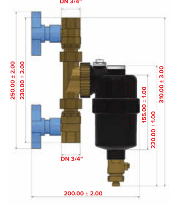 Disegno quotato del filtro magnetico con attacchi DN 3/4" e quote di ingombro in millimetri (altezza 310, larghezza 200)