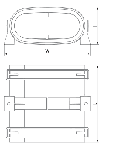 Disegni tecnici quotati del manicotto ovale: vista frontale con quote H e W e vista dall'alto con quota L