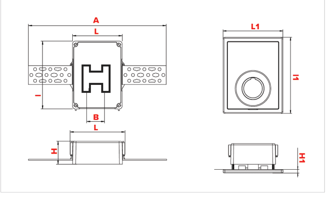 Disegni quotati della cassetta Multibox RTL: vista frontale, laterale, dall'alto e in sezione con quote A, L, B, H, I, L1, I1, H1