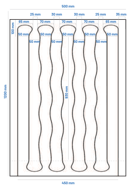 Schema quotato del pannello 1200 x 500 mm con percorso serpentina dei tubi e distanze di montaggio in mm