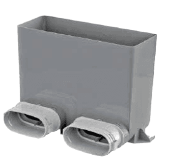 Render del plenum doppio da pavimento in polipropilene grigio con due connettori a bocchetta ovale per tubazione 117x52 mm