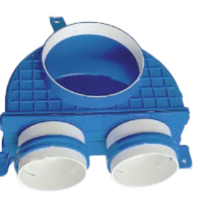 Render del plenum doppio da soffitto modulare in ABS blu, con bocchetta circolare superiore da 125 mm e due raccordi inferiori da 77 mm