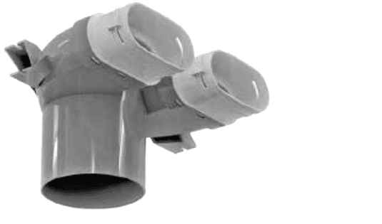 Render del plenum doppio da soffitto per condotto ovale, corpo in polipropilene con due bocchette ovali e attacco tondo