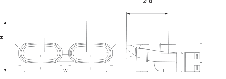 Disegni tecnici quotati del plenum doppio da soffitto: vista frontale con quote H e W e vista laterale con quote ⌀d e L