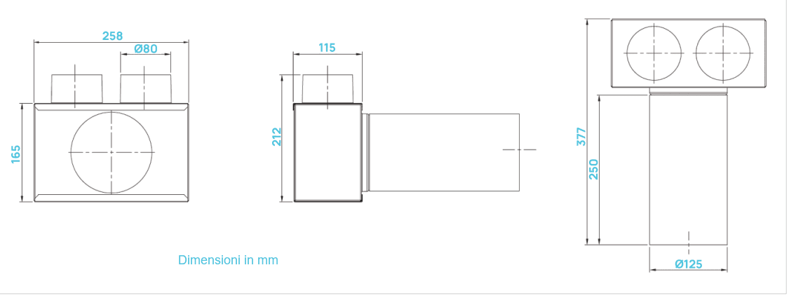 Disegno quotato del plenum doppio da soffitto con viste frontale, laterale e dall'alto e quote in mm