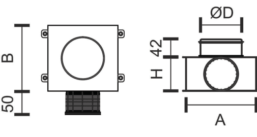 Disegno quotato del plenum corto: vista dall'alto e sezione con quote A, B, H, 42, 50 e diametro D