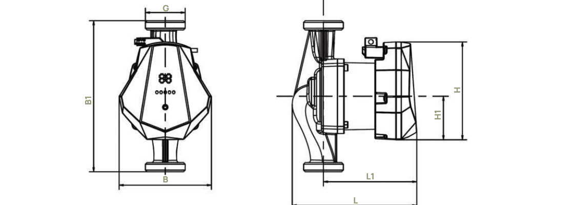 Disegno tecnico quotato della pompa in vista frontale e laterale con quote B, B1, H, H1, L, L1 e G