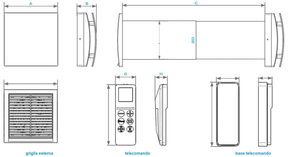 Disegni quotati del ventilatore Next con viste della griglia esterna, del telecomando e della base telecomando e quote A-M