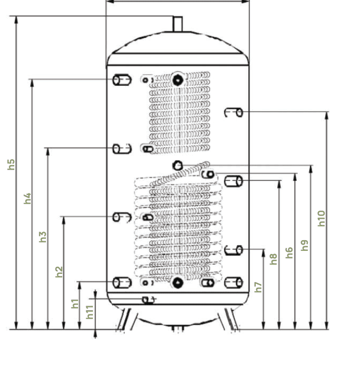 Disegno tecnico quotato del puffer igienico con altezze di riferimento da h1 a h11 degli attacchi