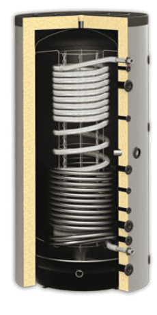 Vista in sezione del puffer igienico con doppio serpentino in acciaio inox all'interno del serbatoio coibentato