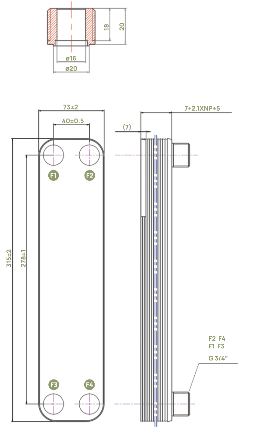 Disegno tecnico quotato dello scambiatore a piastre con viste frontale e laterale, quote di ingombro e posizione dei raccordi F1-F4