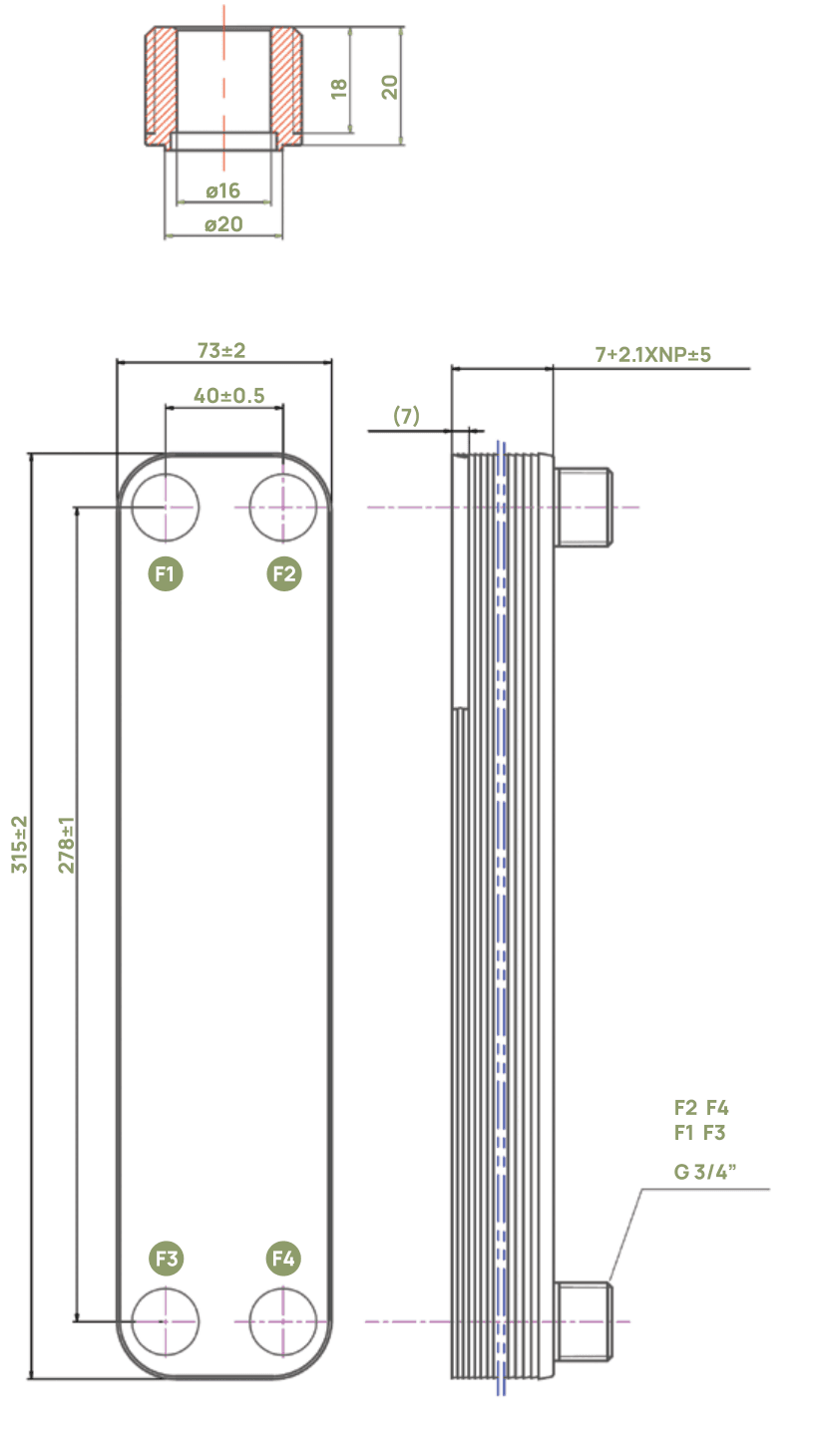Disegno quotato dello scambiatore a piastre con dimensioni, attacchi F1-F4 e filettatura G 3/4
