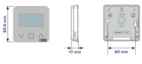 Dimensioni del termostato: 83,5 mm di altezza, 17 mm di spessore, 60 mm della base