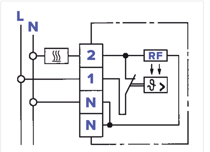 Schema di montaggio elettrico del termostato con morsetti L, N, 1, 2 e collegamento RF