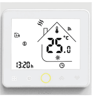 Termostato touchscreen con filo Sistema Italia, cornice bianca e display LCD con temperatura, ora e icone di funzionamento