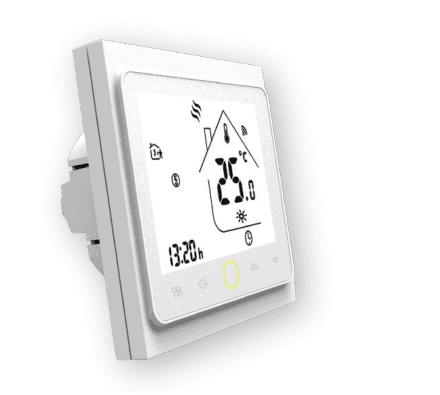Termostato touchscreen con Wi-Fi per riscaldamento a pavimento, montaggio a incasso, con display che mostra temperatura e ora