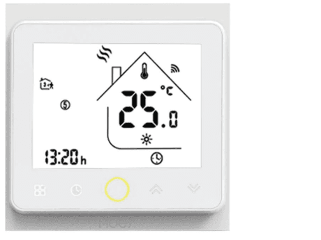 Termostato Sistema Italia con touchscreen e connettivita Zigbee, cornice bianca e display LCD che mostra la temperatura ambiente di 25.0 gradi, l'ora e le icone di riscaldamento e segnale wireless