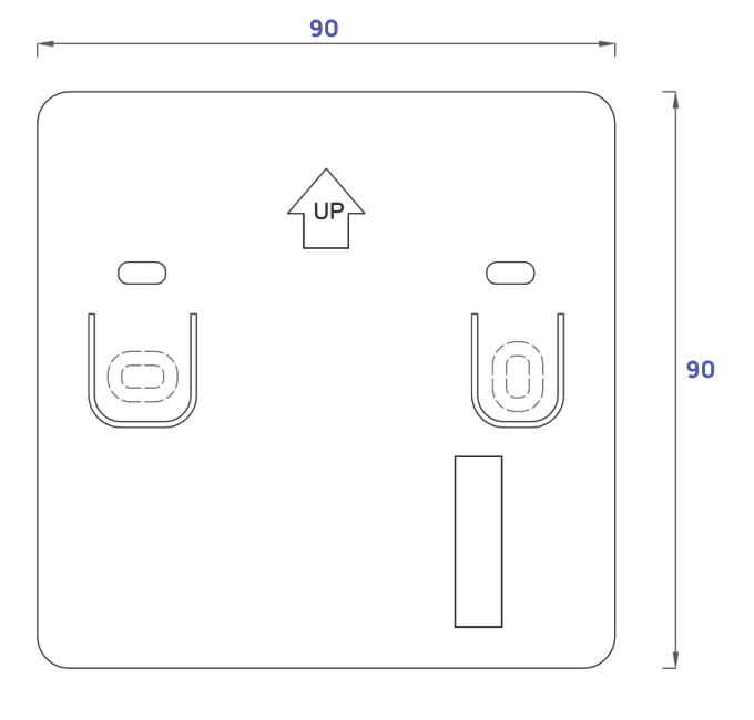 Disegno quotato del supporto magnetico da parete del termostato, 90 x 90 mm, con indicazione UP del verso di montaggio