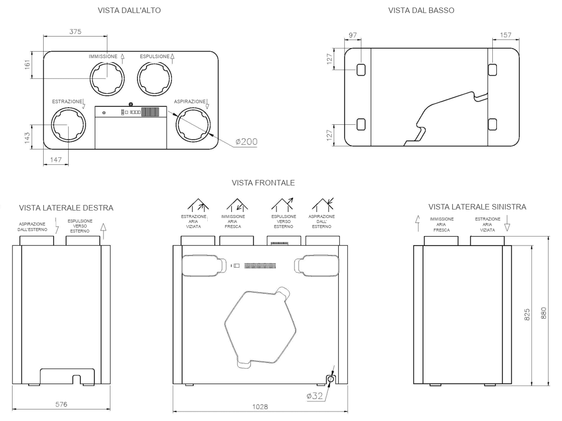 Disegni tecnici quotati dell'unita Premium 500v: viste dall'alto, dal basso, frontale e laterali con dimensioni in mm e attacchi immissione/estrazione/espulsione/aspirazione