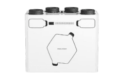 Render dell'unita di ventilazione Premium 500v con recupero di calore, vista frontale con i quattro attacchi circolari sulla parte superiore
