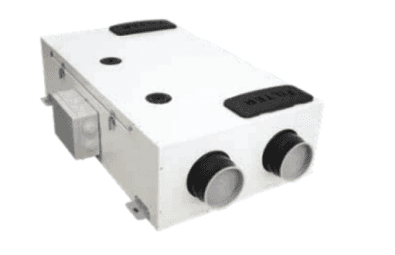 Render dell'unità di ventilazione con recupero di calore Sistema Italia QR ABP, vista tridimensionale con i bocchettoni circolari e la scatola di connessione elettrica