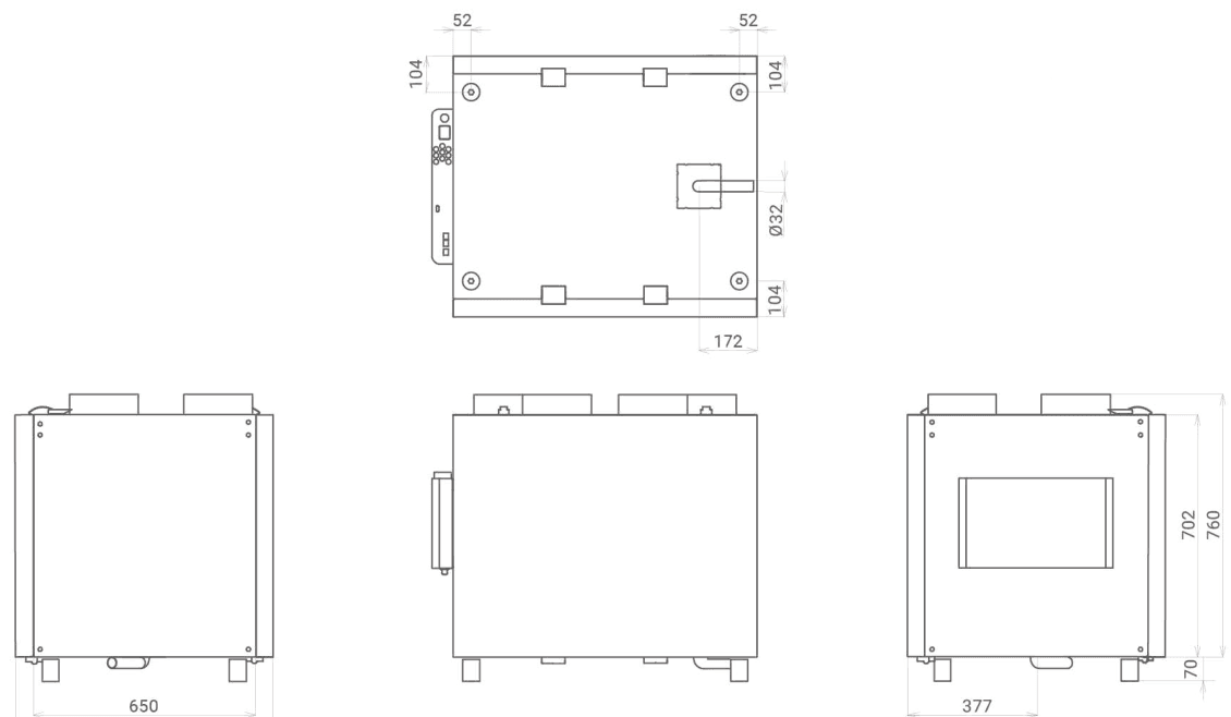 Disegni quotati dell'unità: vista dall'alto e viste laterali con dimensioni in mm (754, 650, 760, 702, 377, 172, Ø32)