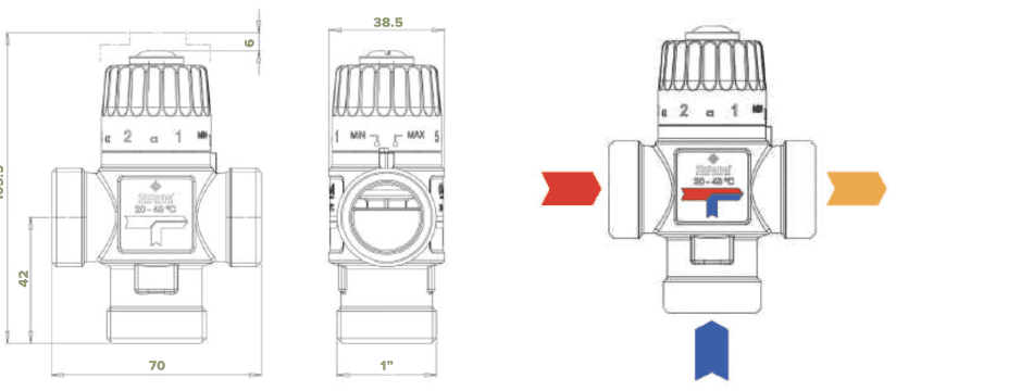 Disegni tecnici quotati della valvola miscelatrice a 3 vie: vista frontale e laterale con quote in mm e schema del flusso acqua calda, fredda e miscelata